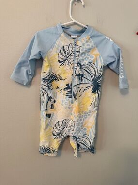 Rugged Butts Light Blue & Yellow Tropical Zip Rash Guard One-Piece